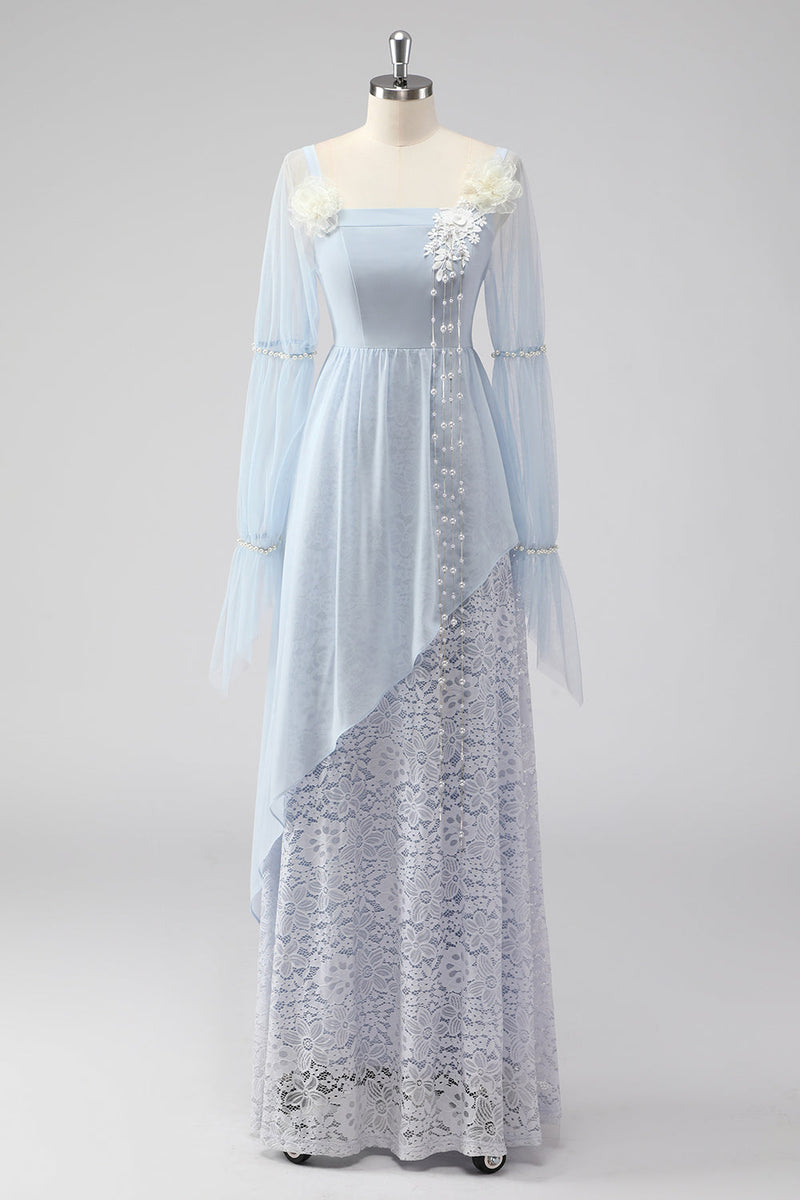 Load image into Gallery viewer, Lace Light Blue Chiffon Long Sleeves Spaghetti Straps Mother of the Bride Dress