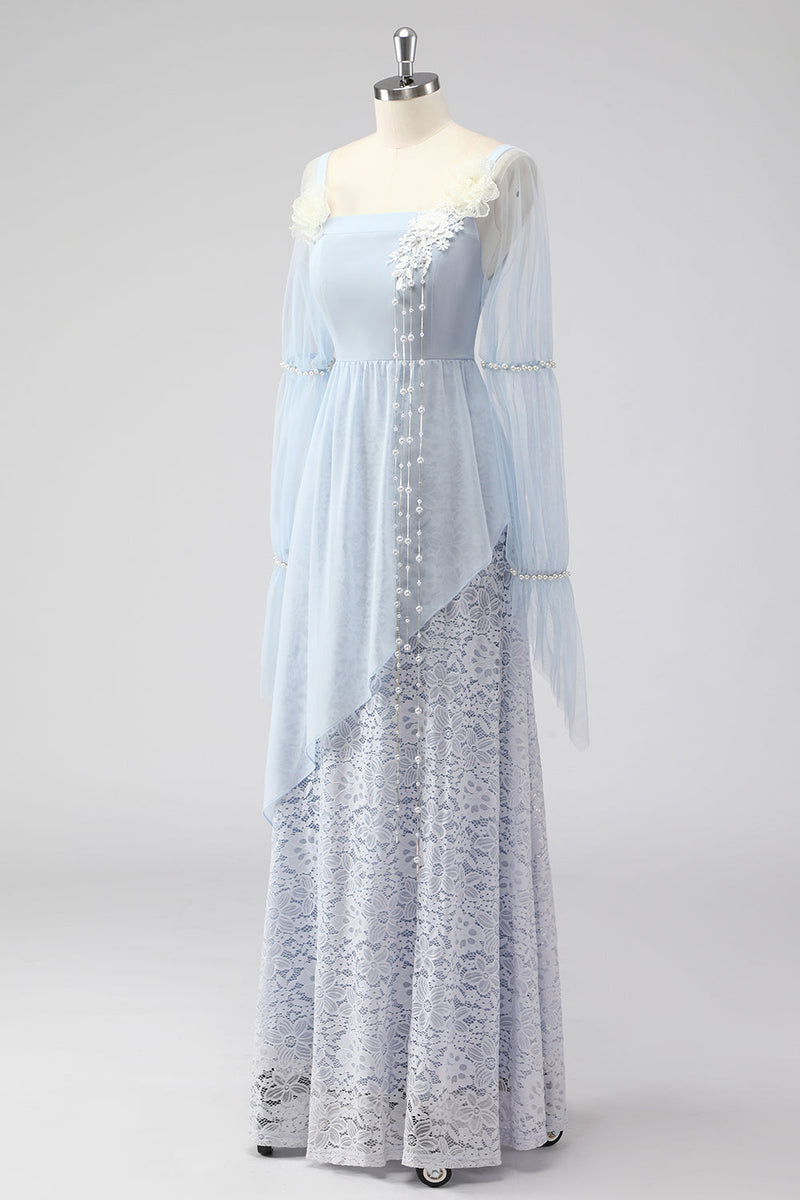 Load image into Gallery viewer, Lace Light Blue Chiffon Long Sleeves Spaghetti Straps Mother of the Bride Dress