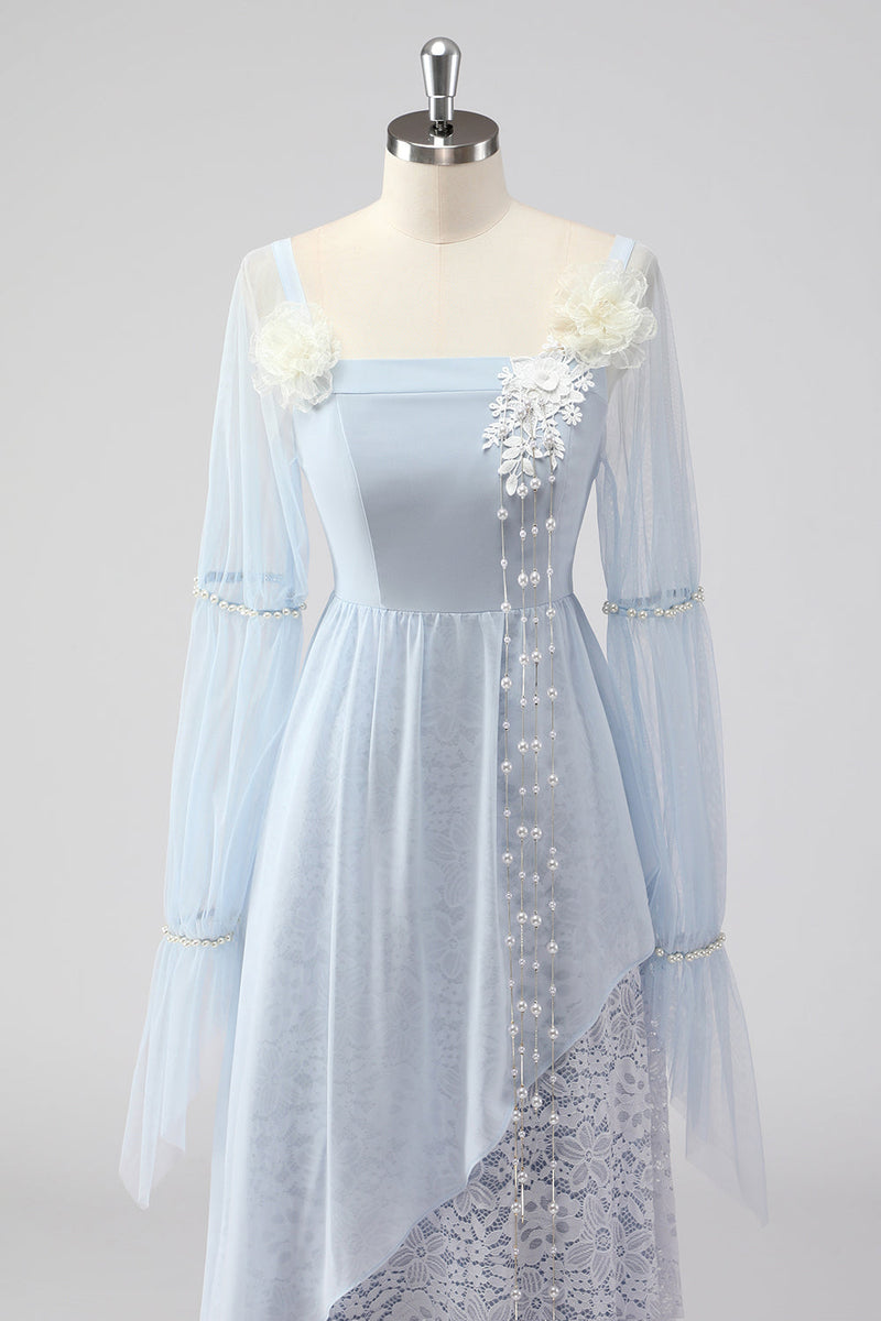 Load image into Gallery viewer, Lace Light Blue Chiffon Long Sleeves Spaghetti Straps Mother of the Bride Dress