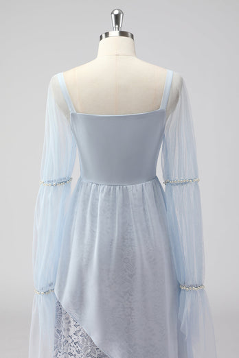 Lace Light Blue Chiffon Long Sleeves Spaghetti Straps Mother of the Bride Dress