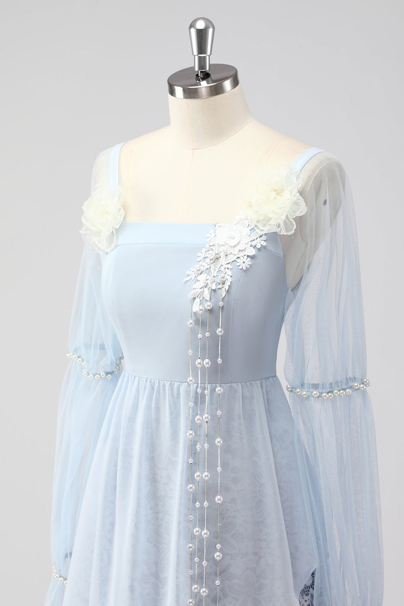 Load image into Gallery viewer, Lace Light Blue Chiffon Long Sleeves Spaghetti Straps Mother of the Bride Dress