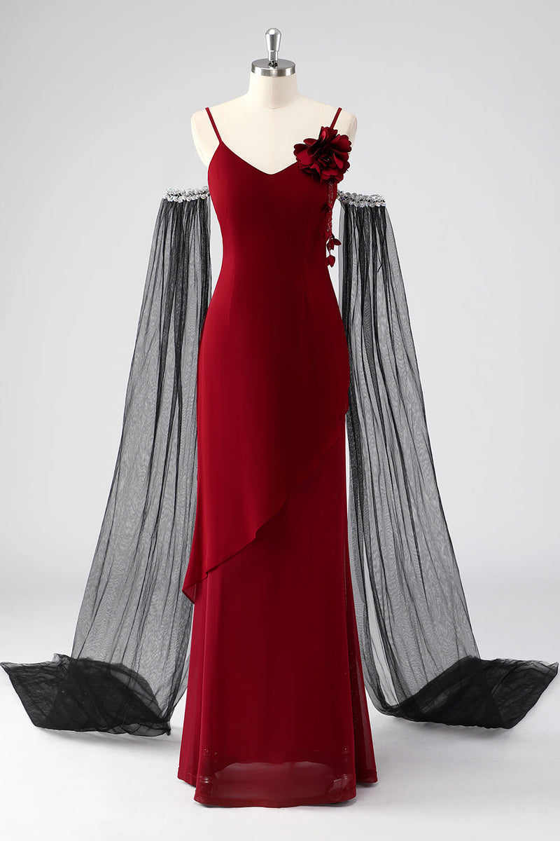 Load image into Gallery viewer, Red Spaghetti Straps Cape Sleeves Sheath Formal Dress