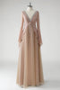 Load image into Gallery viewer, Blush A Line V Neck Chiffon Long Sleeves Mother of the Bride Dress with Beading