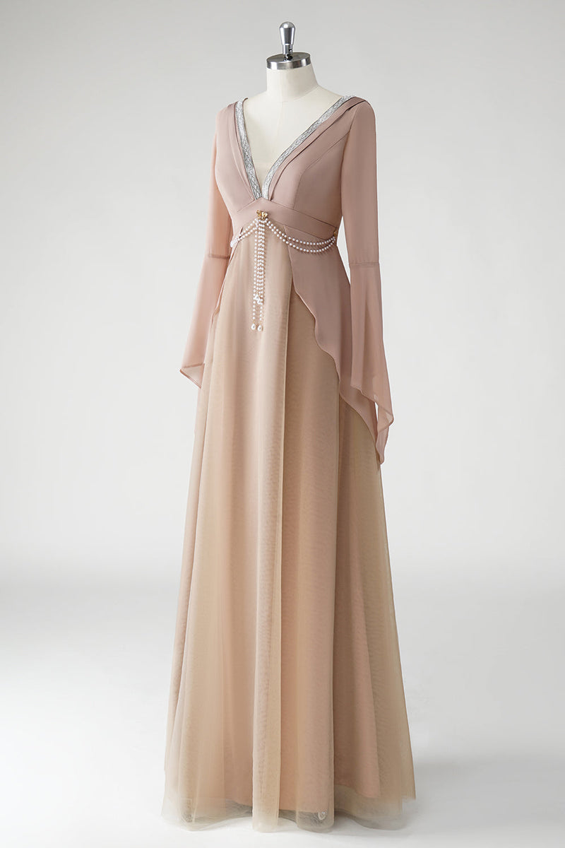 Load image into Gallery viewer, Blush A Line V Neck Chiffon Long Sleeves Mother of the Bride Dress with Beading