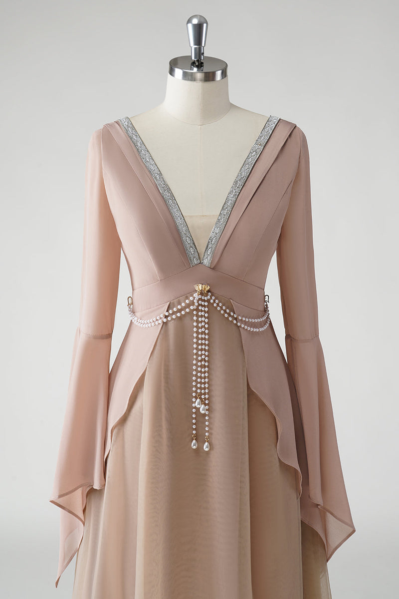 Load image into Gallery viewer, Blush A Line V Neck Chiffon Long Sleeves Mother of the Bride Dress with Beading