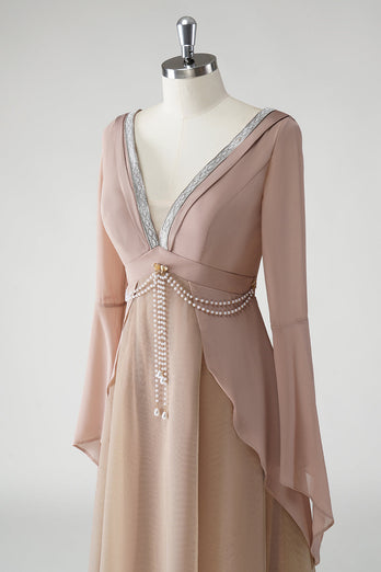 Blush A Line V Neck Chiffon Long Sleeves Mother of the Bride Dress with Beading