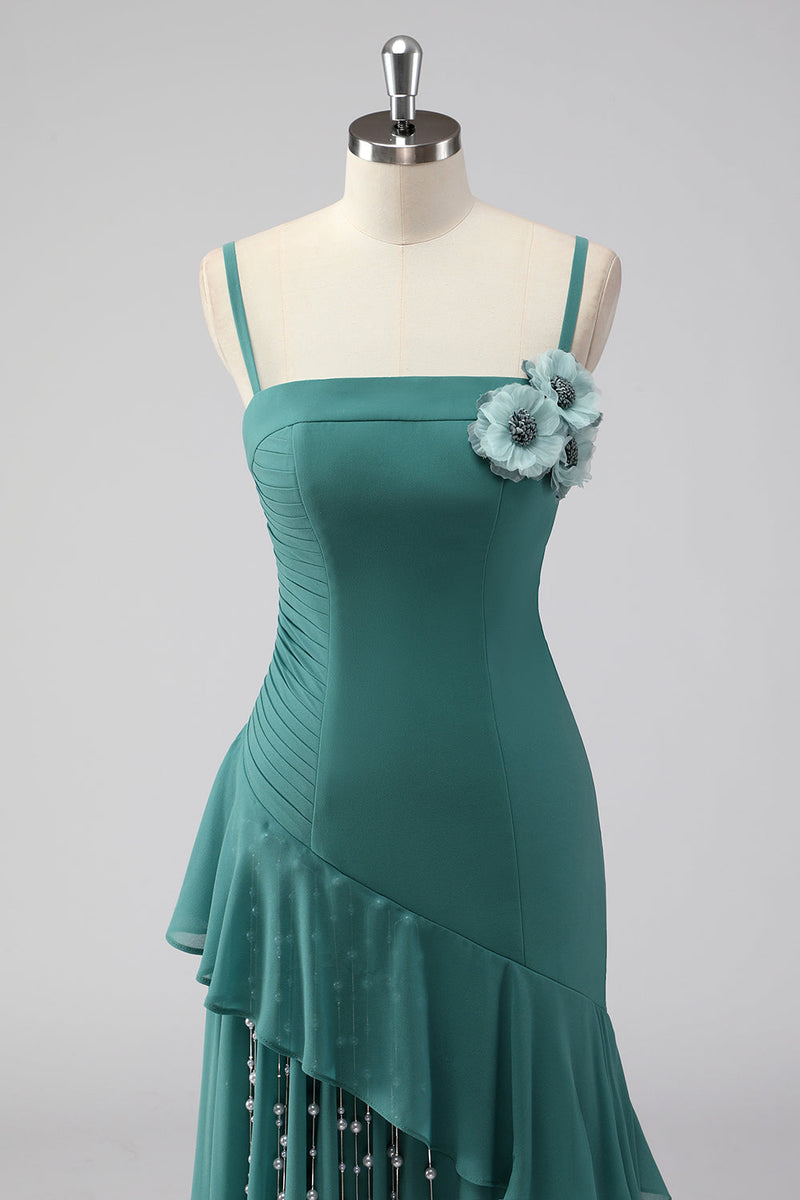 Load image into Gallery viewer, Ruffles Grey Green Spaghetti Straps Sheath Wedding Guest Dress