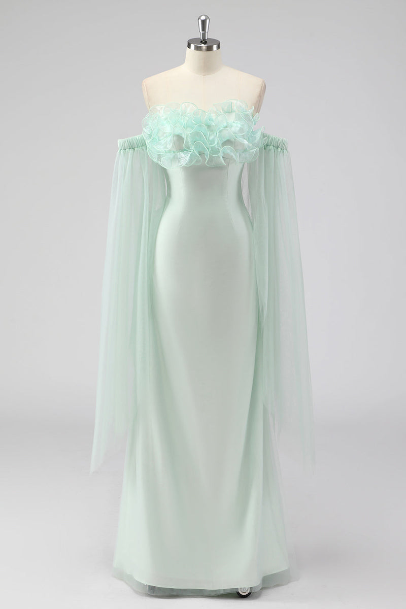 Load image into Gallery viewer, Light Green Strapless Cape Sleeves Sheath Wedding Guest Dress