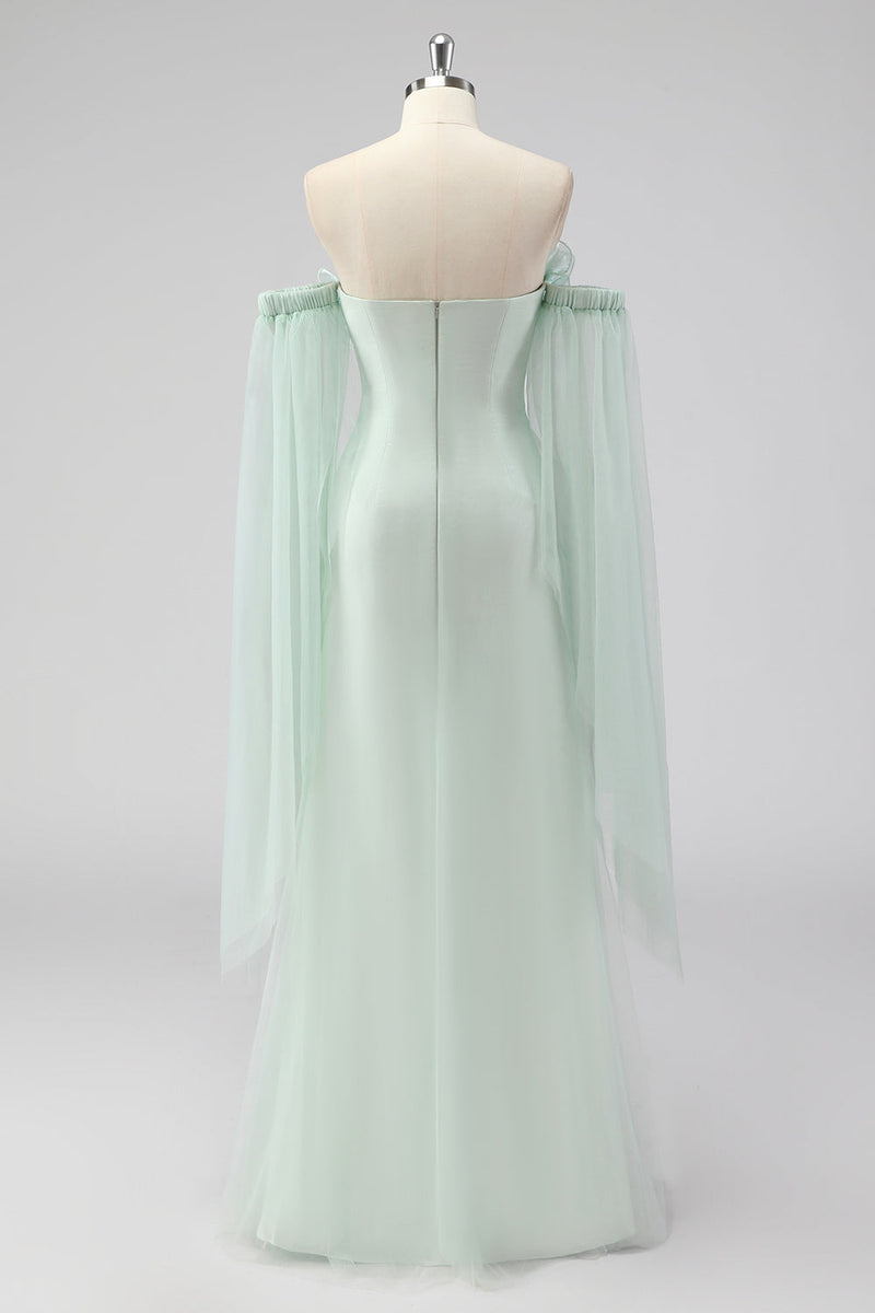 Load image into Gallery viewer, Light Green Strapless Cape Sleeves Sheath Wedding Guest Dress