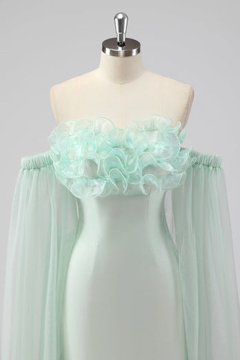 Light Green Strapless Cape Sleeves Sheath Wedding Guest Dress