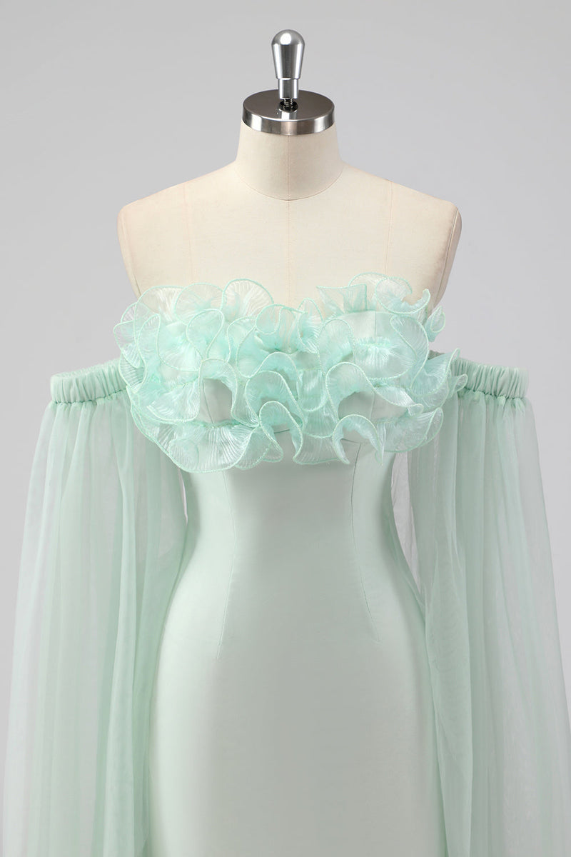 Load image into Gallery viewer, Light Green Strapless Cape Sleeves Sheath Wedding Guest Dress