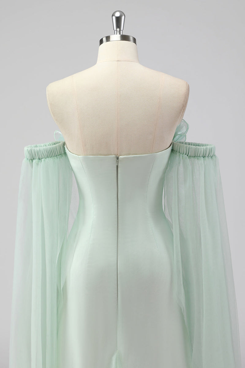 Load image into Gallery viewer, Light Green Strapless Cape Sleeves Sheath Wedding Guest Dress