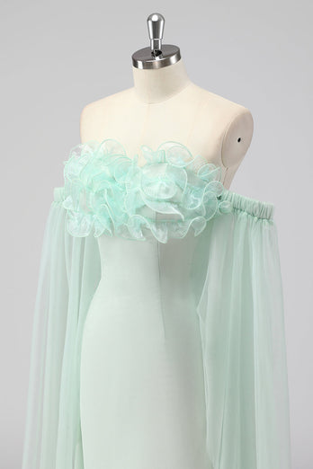 Light Green Strapless Cape Sleeves Sheath Wedding Guest Dress