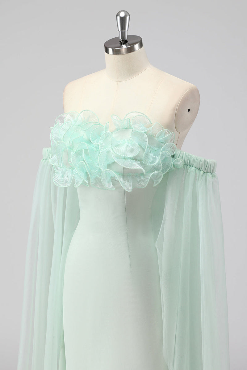 Load image into Gallery viewer, Light Green Strapless Cape Sleeves Sheath Wedding Guest Dress