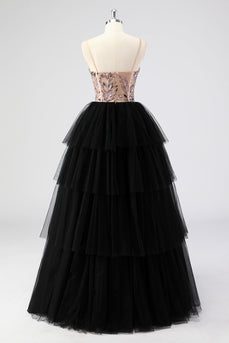 Black Tulle Tiered Spaghetti Straps Appliques A Line Long Prom Dress