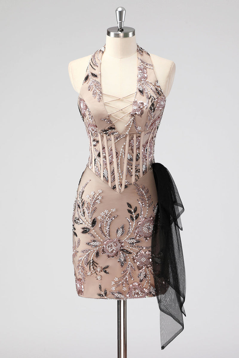 Load image into Gallery viewer, Glitter Halter Blush Corset Tight Appliques Short Cocktail Dress with Beading