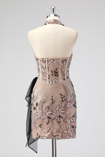 Glitter Halter Blush Corset Tight Appliques Short Cocktail Dress with Beading