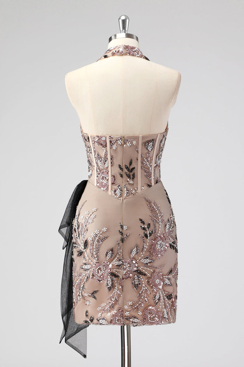 Load image into Gallery viewer, Glitter Halter Blush Corset Tight Appliques Short Cocktail Dress with Beading