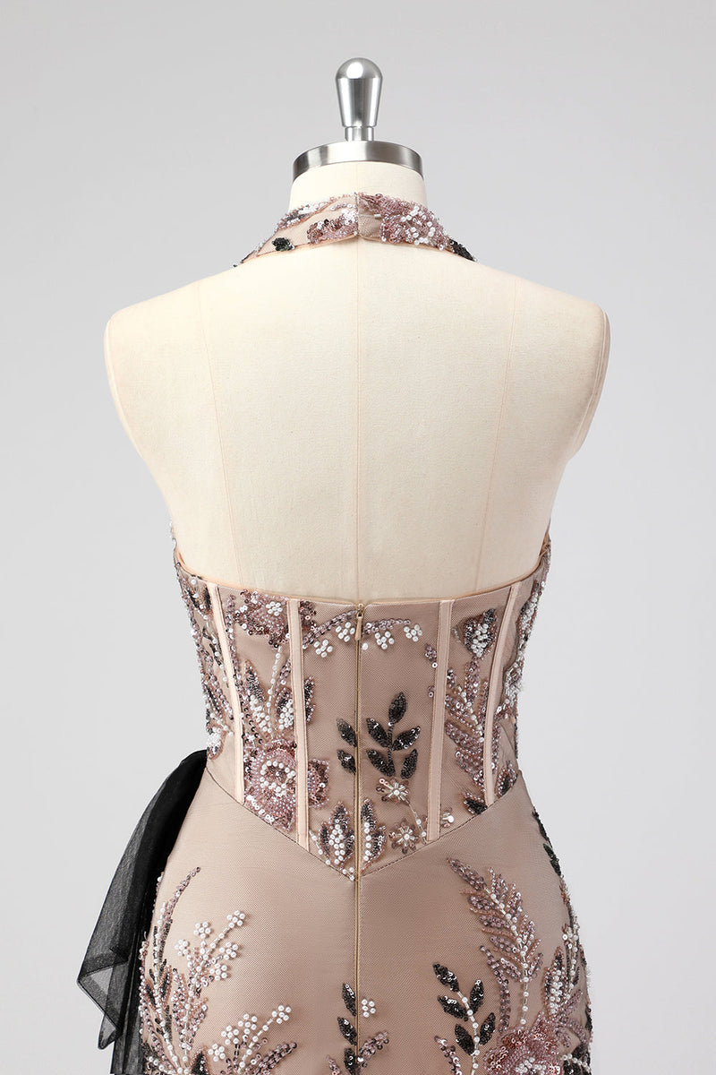 Load image into Gallery viewer, Glitter Halter Blush Corset Tight Appliques Short Cocktail Dress with Beading