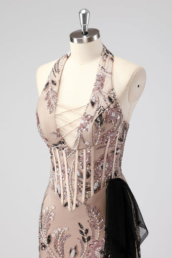 Glitter Halter Blush Corset Tight Appliques Short Cocktail Dress with Beading