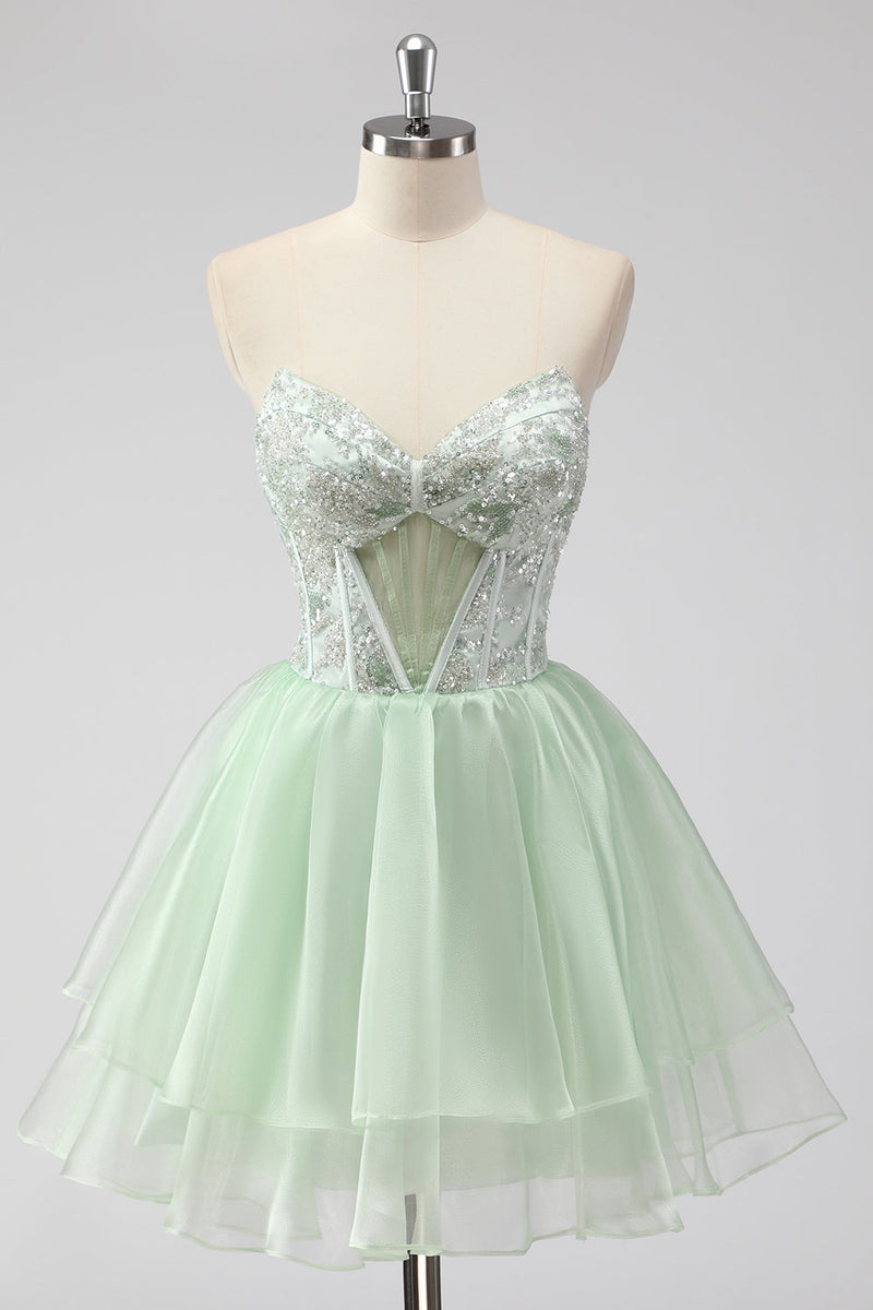 Load image into Gallery viewer, A Line Strapless Corset Light Green Short Homecoming Dress