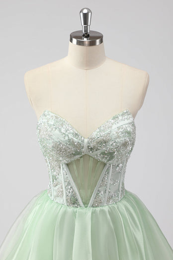 A Line Strapless Corset Light Green Short Homecoming Dress