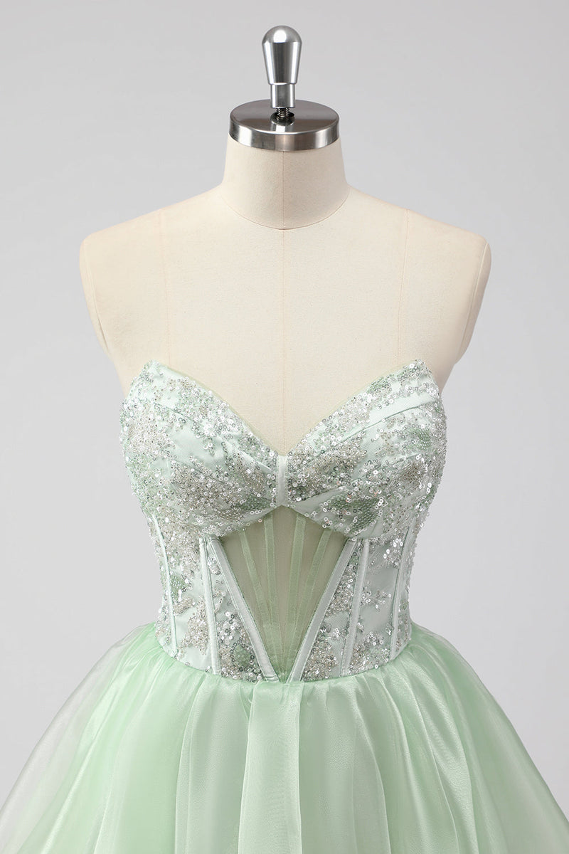 Load image into Gallery viewer, A Line Strapless Corset Light Green Short Homecoming Dress