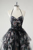 Load image into Gallery viewer, Black A Line Tiered Halter Floral Wedding Guest Dress With Detachable Hem