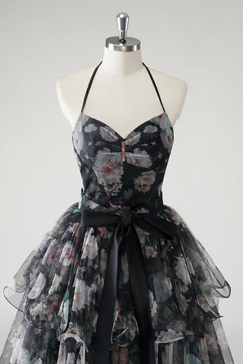 Black A Line Tiered Halter Floral Wedding Guest Dress With Detachable Hem