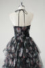 Load image into Gallery viewer, Black A Line Tiered Halter Floral Wedding Guest Dress With Detachable Hem