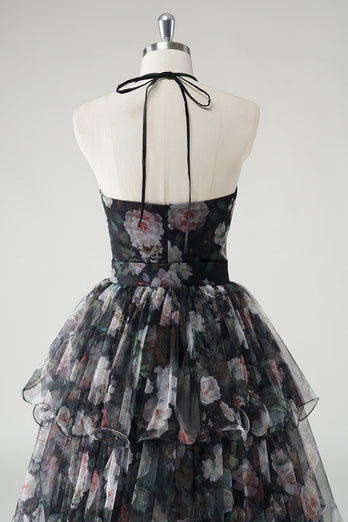 Black A Line Tiered Halter Floral Wedding Guest Dress With Detachable Hem