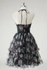 Load image into Gallery viewer, Black A Line Tiered Halter Floral Wedding Guest Dress With Detachable Hem