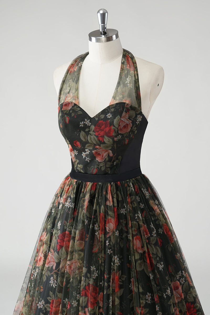 Load image into Gallery viewer, A Line Floral Printed Halter Dark Green Wedding Guest Dress