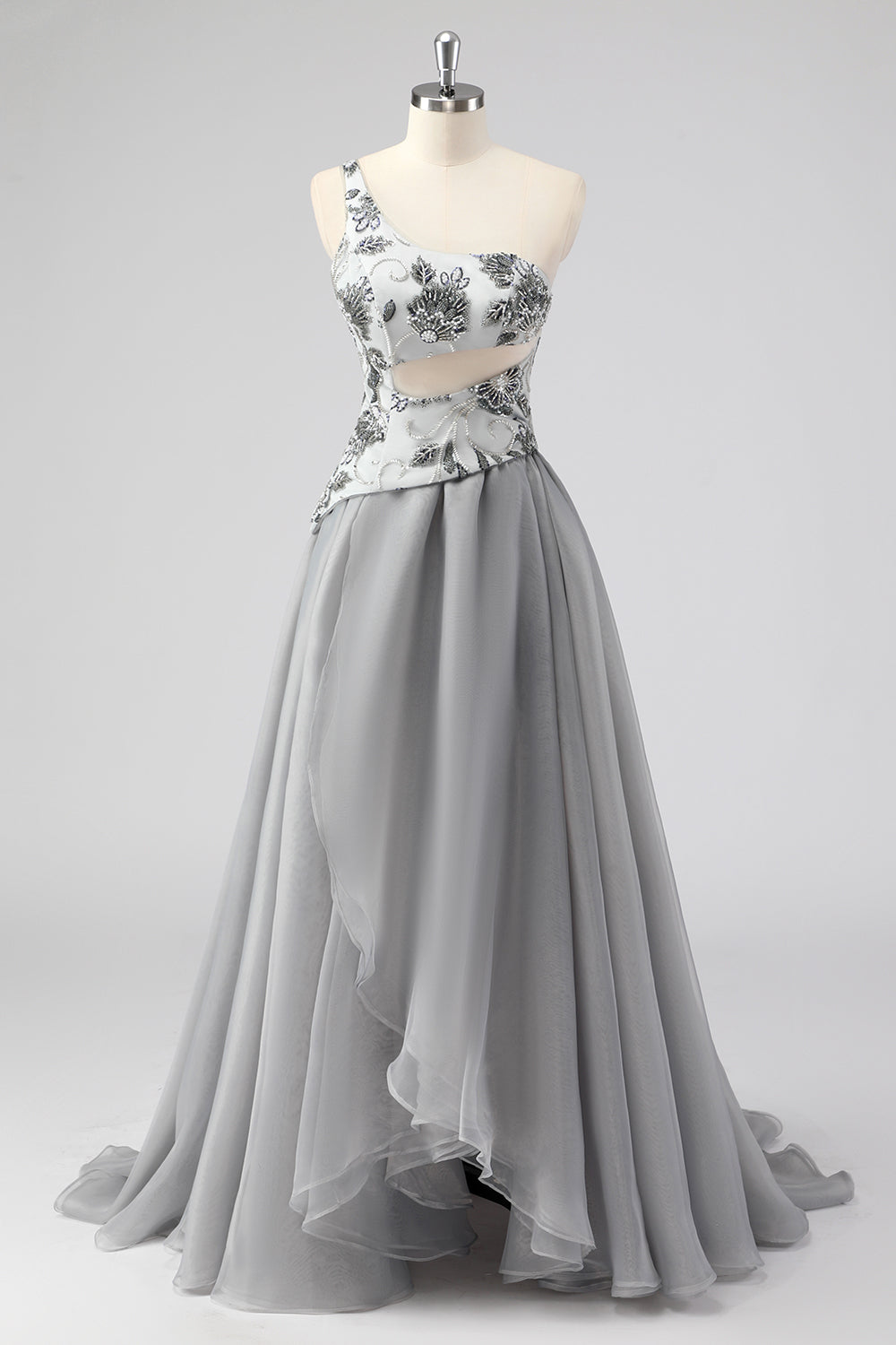 Grey A Line One Shoulder Hollow-out Long Prom Dress with Beading