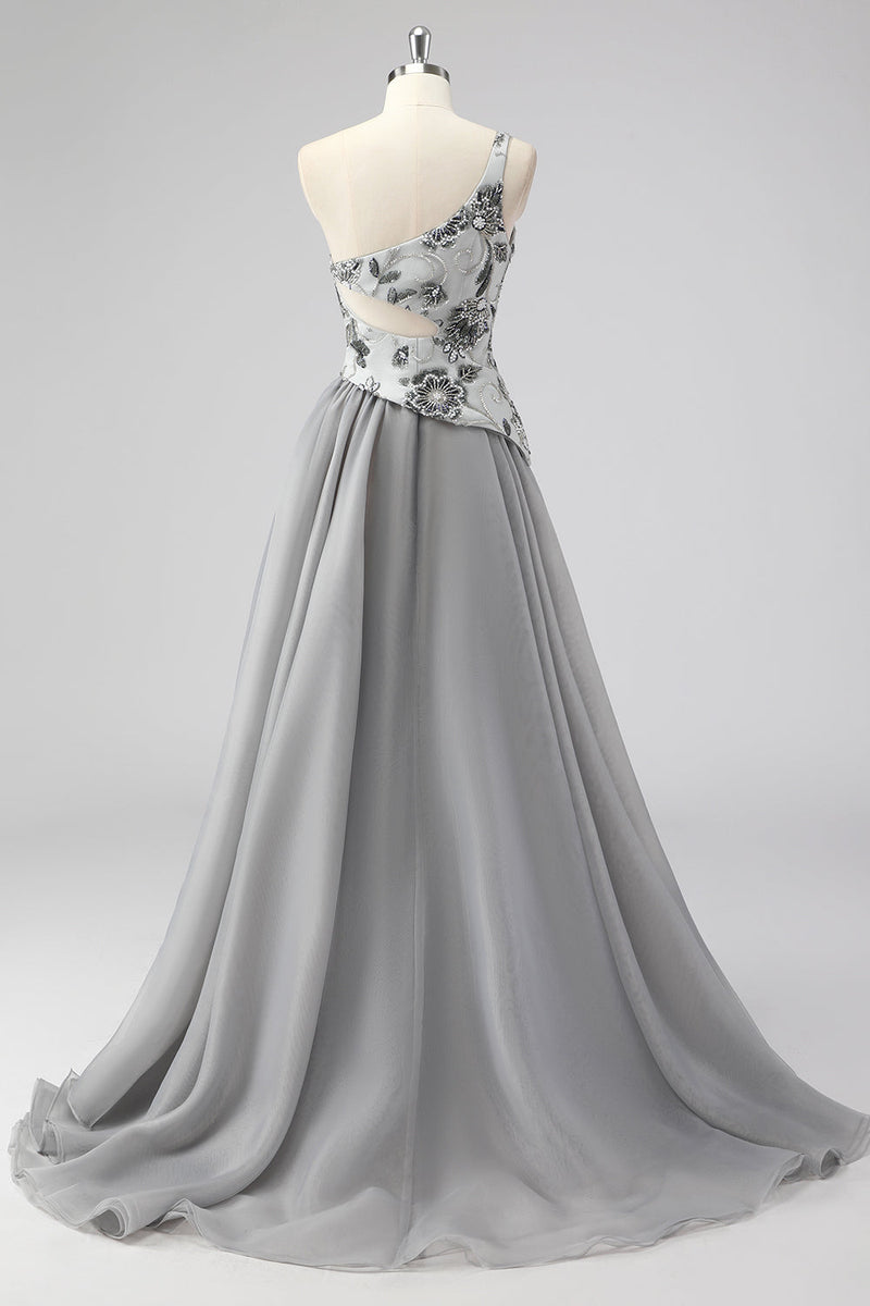 Load image into Gallery viewer, Grey A Line One Shoulder Hollow-out Long Prom Dress with Beading