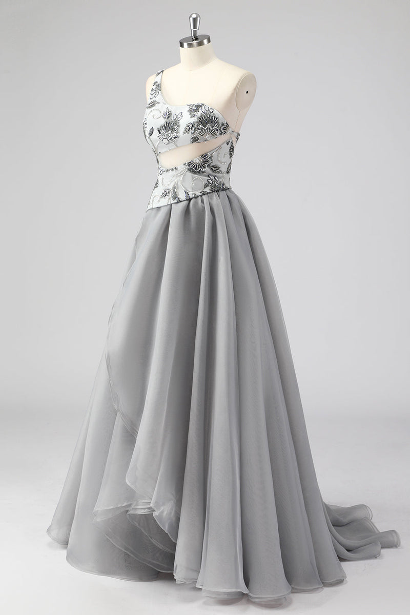 Load image into Gallery viewer, Grey A Line One Shoulder Hollow-out Long Prom Dress with Beading