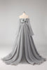 Load image into Gallery viewer, Cold Shoulder Grey Appliques Chiffon A Line Long Sleeves Porm Dress