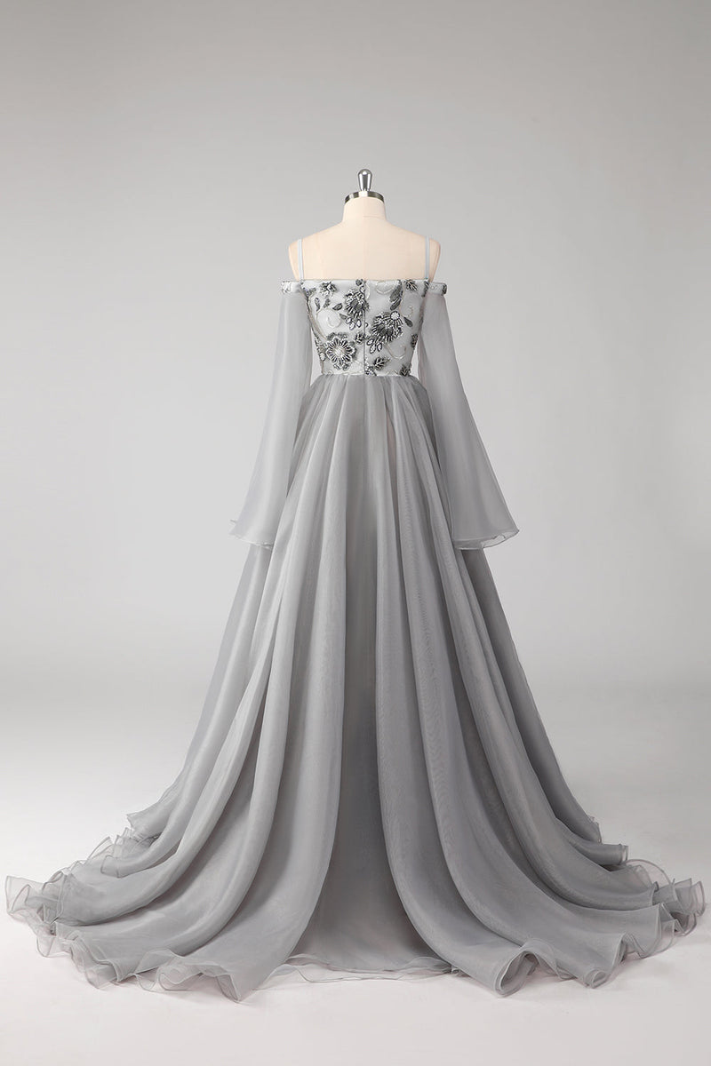 Load image into Gallery viewer, Cold Shoulder Grey Appliques Chiffon A Line Long Sleeves Porm Dress