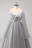 Load image into Gallery viewer, Cold Shoulder Grey Appliques Chiffon A Line Long Sleeves Porm Dress