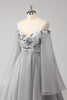 Load image into Gallery viewer, Cold Shoulder Grey Appliques Chiffon A Line Long Sleeves Porm Dress