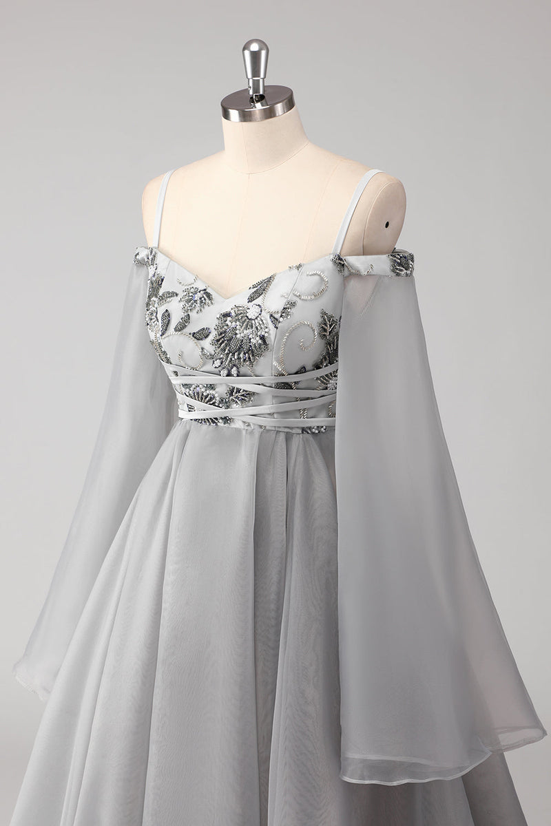 Load image into Gallery viewer, Cold Shoulder Grey Appliques Chiffon A Line Long Sleeves Porm Dress