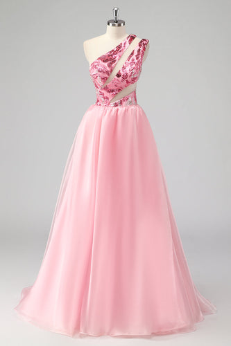 Pink One Shoulder Hollow Out A Line Appliques Long Prom Dress