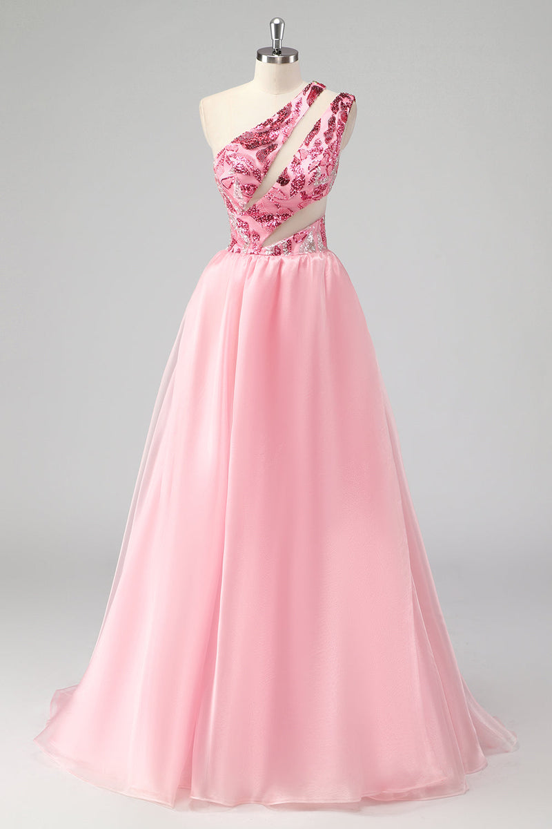 Load image into Gallery viewer, Pink One Shoulder Hollow Out A Line Appliques Long Prom Dress