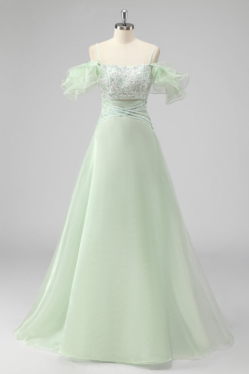 Load image into Gallery viewer, A Line Light Green Off The Shoulder Sequins Wedding Guest Dress