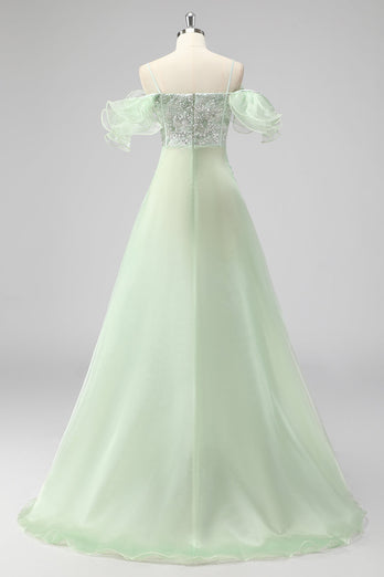 A Line Light Green Off The Shoulder Sequins Wedding Guest Dress