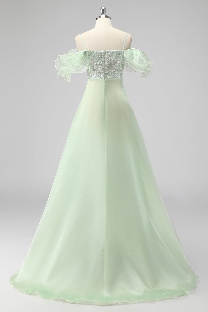 Load image into Gallery viewer, A Line Light Green Off The Shoulder Sequins Wedding Guest Dress