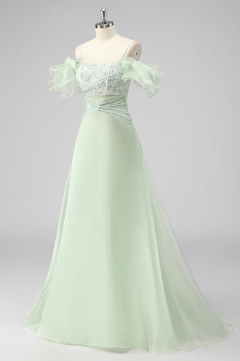 A Line Light Green Off The Shoulder Sequins Wedding Guest Dress