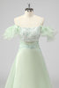 Load image into Gallery viewer, A Line Light Green Off The Shoulder Sequins Wedding Guest Dress