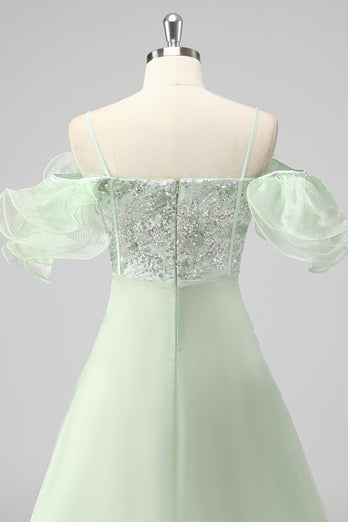 A Line Light Green Off The Shoulder Sequins Wedding Guest Dress