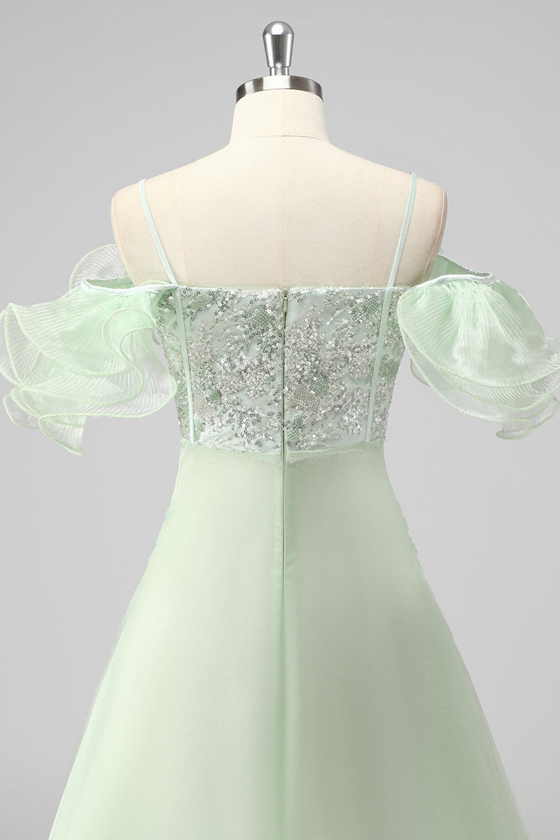 Load image into Gallery viewer, A Line Light Green Off The Shoulder Sequins Wedding Guest Dress